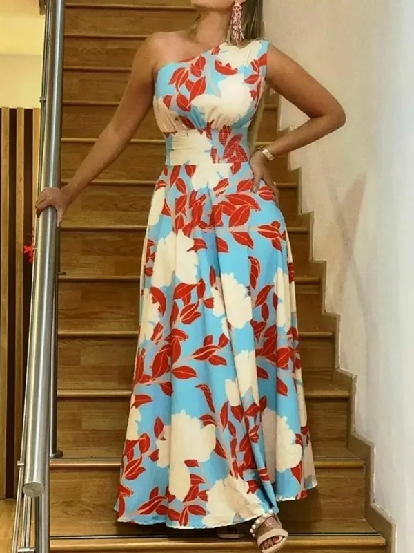 Asymmetric Floral Printed Empire Sleeveless One-shoulder Maxi Dresses