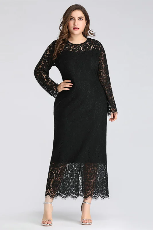 Chic Black Long Sleeve Lace Mermaid Plus Size Dress - lulusllly