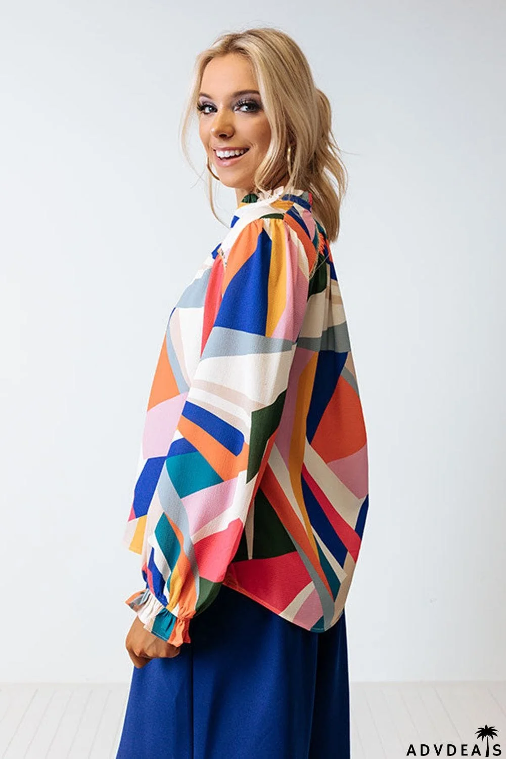 Geometric Patchwork Print Half Buttoned Blouse