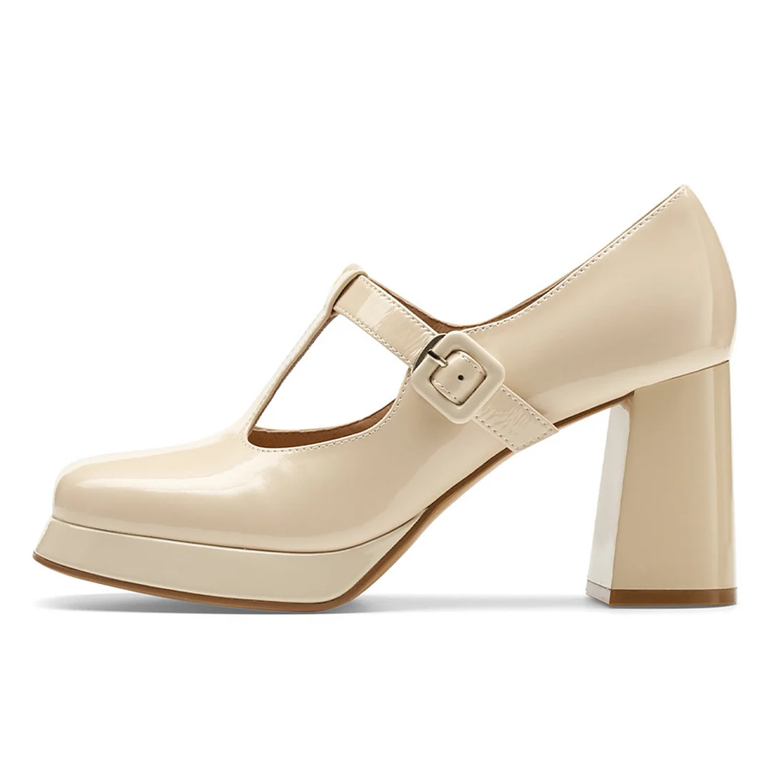 Beige Patent Leather Square Toe Platform Mary Janes with Block Heel