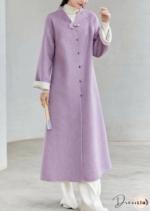 New Chinese Style Purple V Neck Button Patchwork Loose Woolen Coats Winter