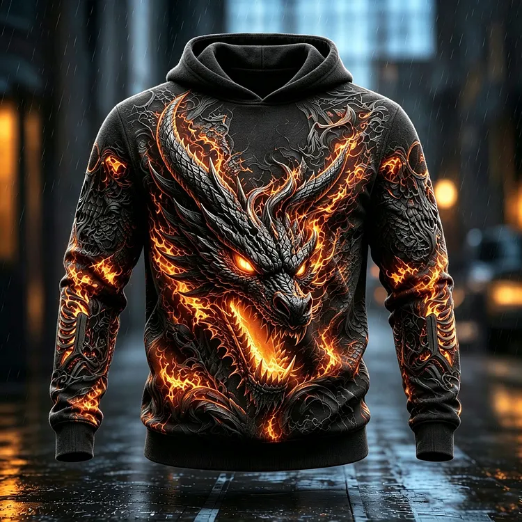 Men's Vintage Halloween Dragon Art Print Long Sleeve Casual Hoodie
