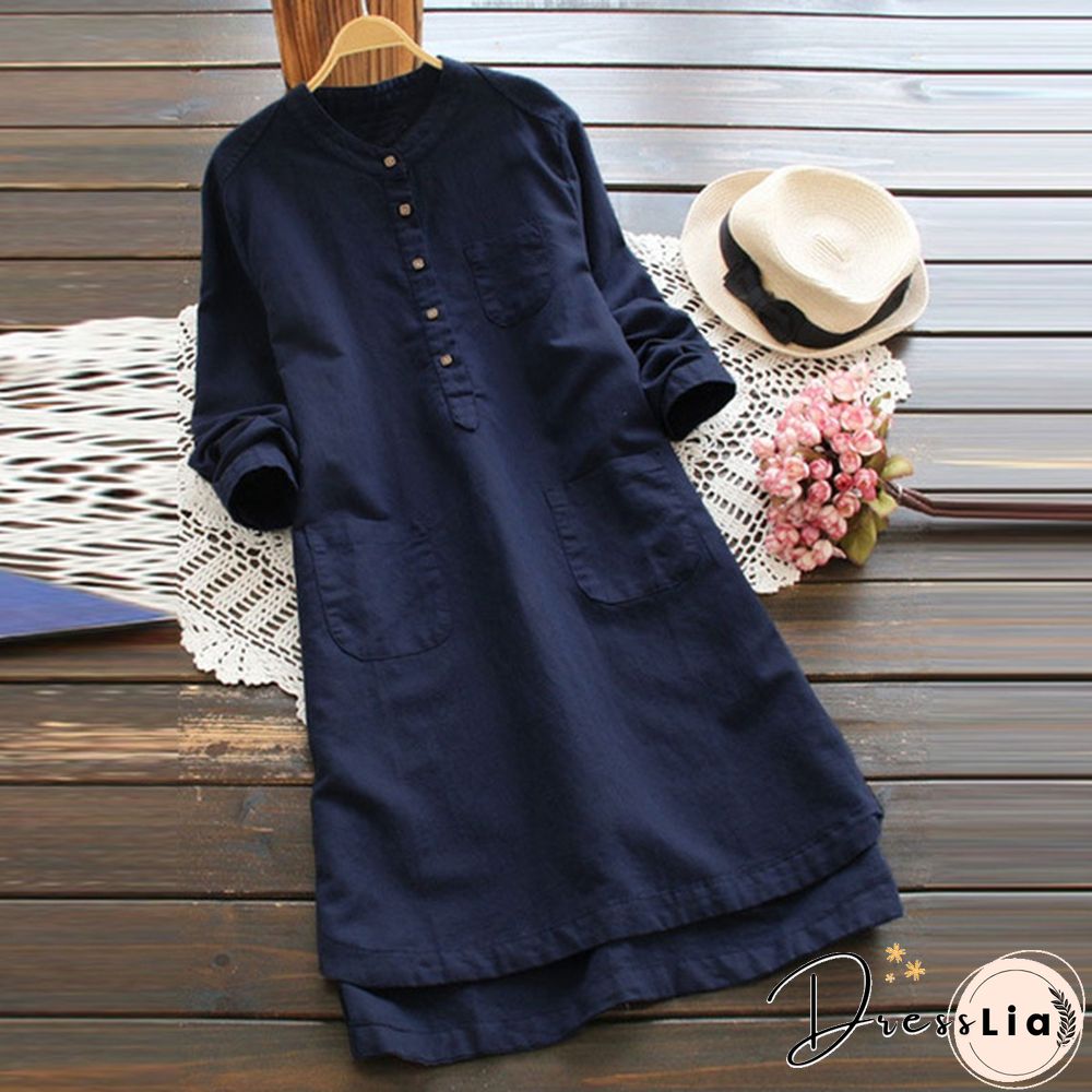 Fashion Women Long Sleeve Buttons Neck Long Shirt Dress Asymmetrical Plus Dress Sundress