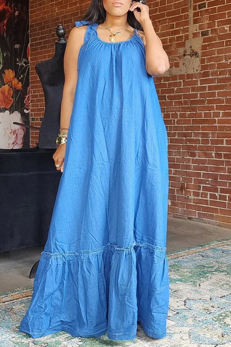 Plus Size Vacation Blue Casual Pocket Lace Up Tencel Denim Maxi Dresses [Pre-Order] 2024 - Xpluswear
