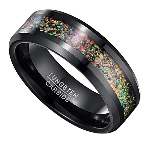 Women's Or Men's Tungsten Carbide Wedding Band Matching Rings,Black Bands and Multiple Color Rainbow Opal Inlay with Organic Tones Ring With Mens And Womens For Width 4MM 6MM 8MM 10MM