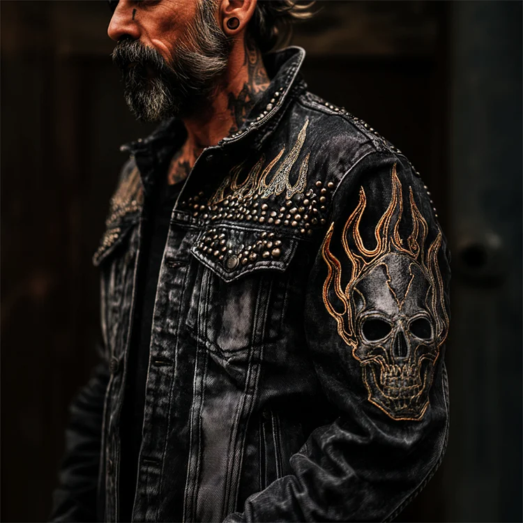 Men's Rock Skull & Flame Studded Washed Denim Jacket