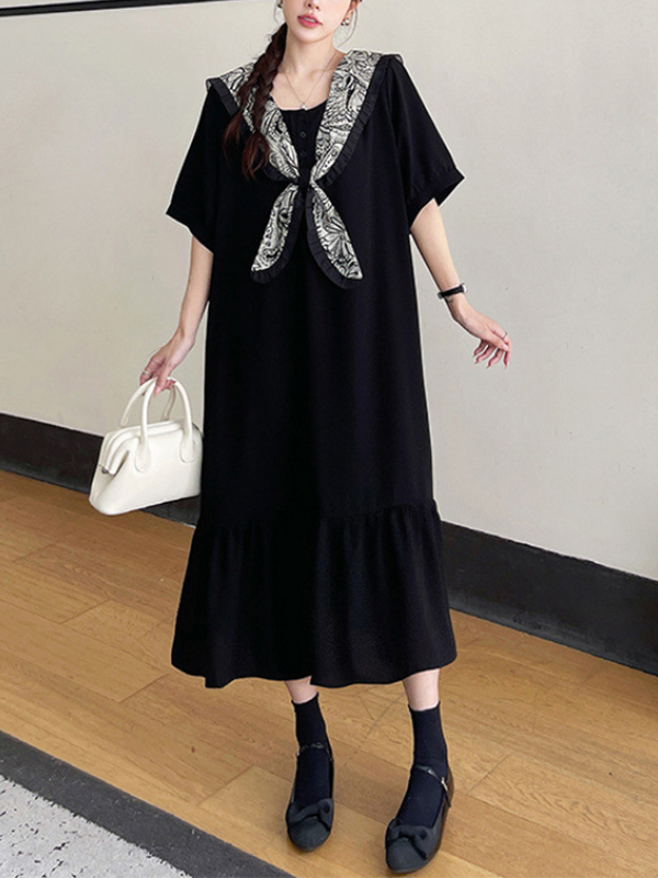 Patterned Scarf Ruffled Hem Short Sleeve Loose Maxi Dress