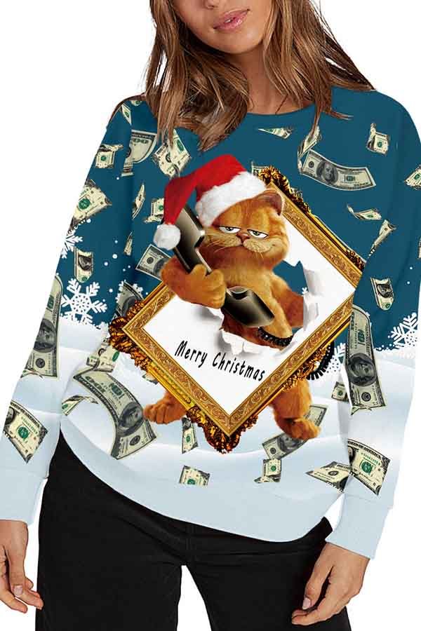 Christmas Garfield Print Long Sleeve Pullover Sweatshirt White-elleschic