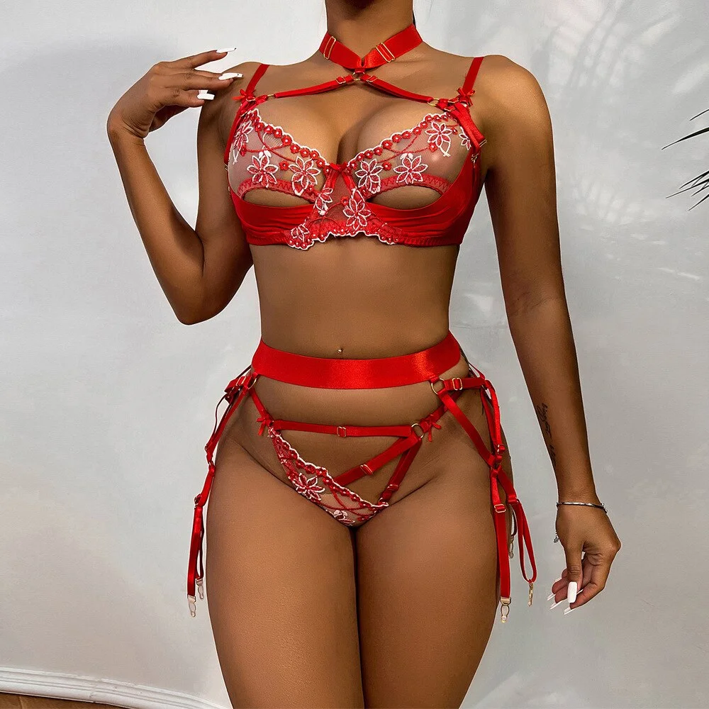 MIRABELLE Sexy Lingerie Halter Bra and Panty Set Hollow Out Underwear Erotic Set 4-Piece Fancy Intimate Porn Hot Exotic Costumes
