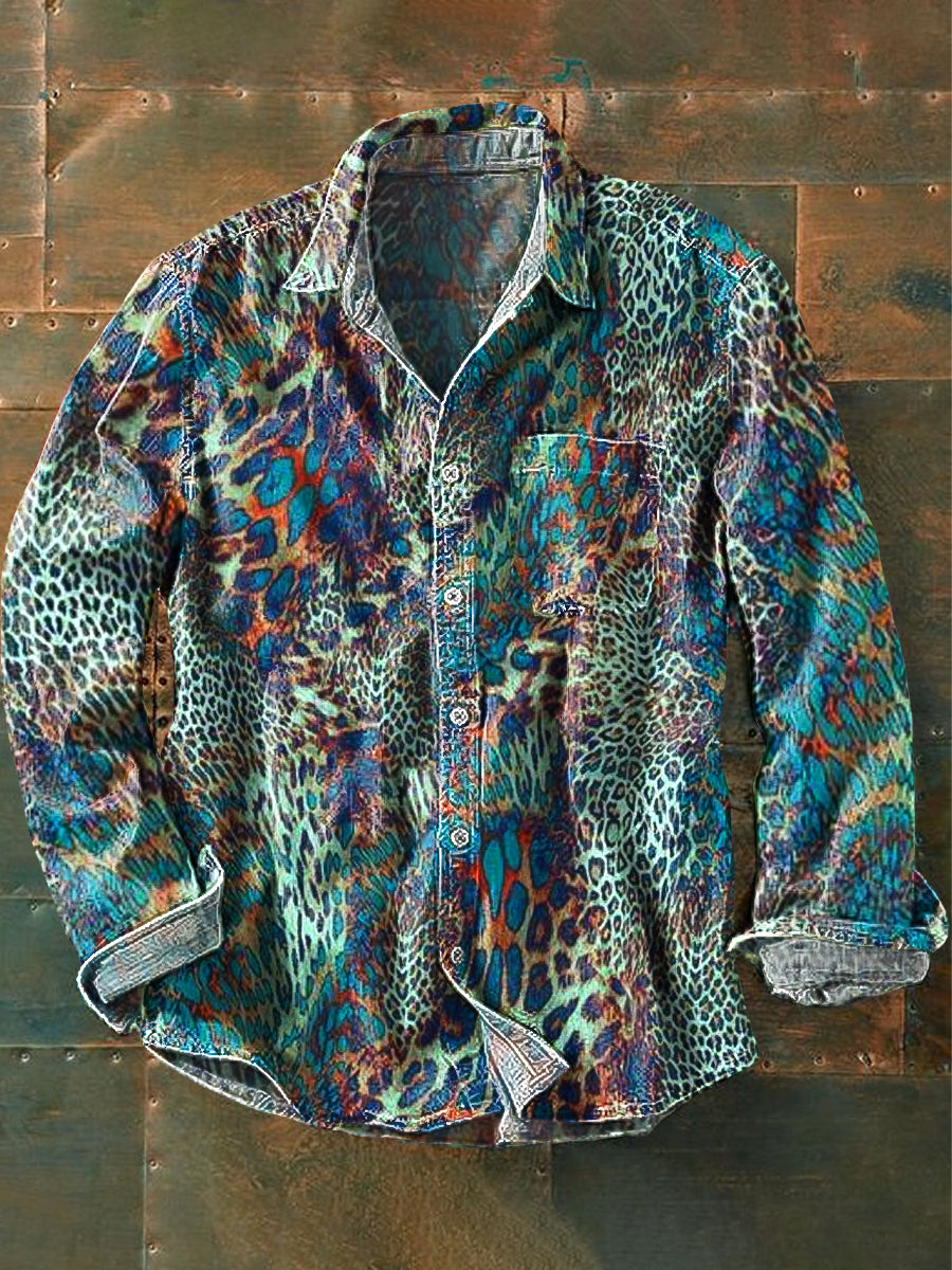 Men's Vintage Abstract Leopard Art Print Long Sleeve Pocket Shirt