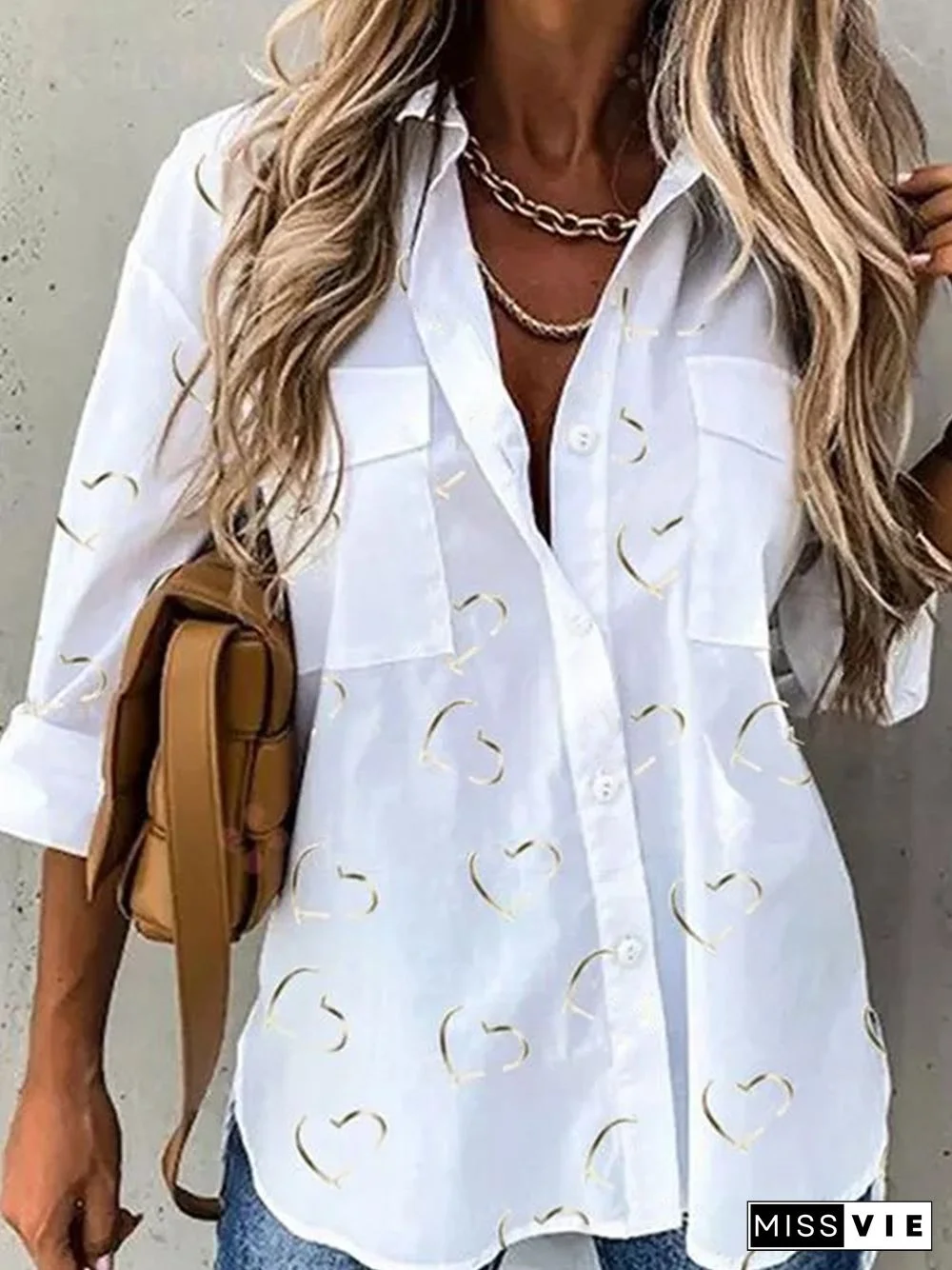 White Printed Casual Long Sleeve Shirt Collar Shift Blouse