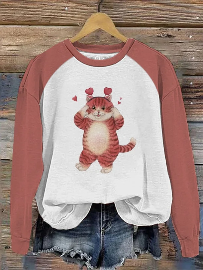 Women's Casual Cute Cat Raglan Sweatshirt