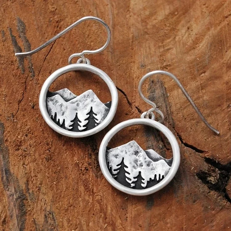 Vintage Big Round Hook Earrings Mountains Trees Hollow Ear Pendant Jewelry