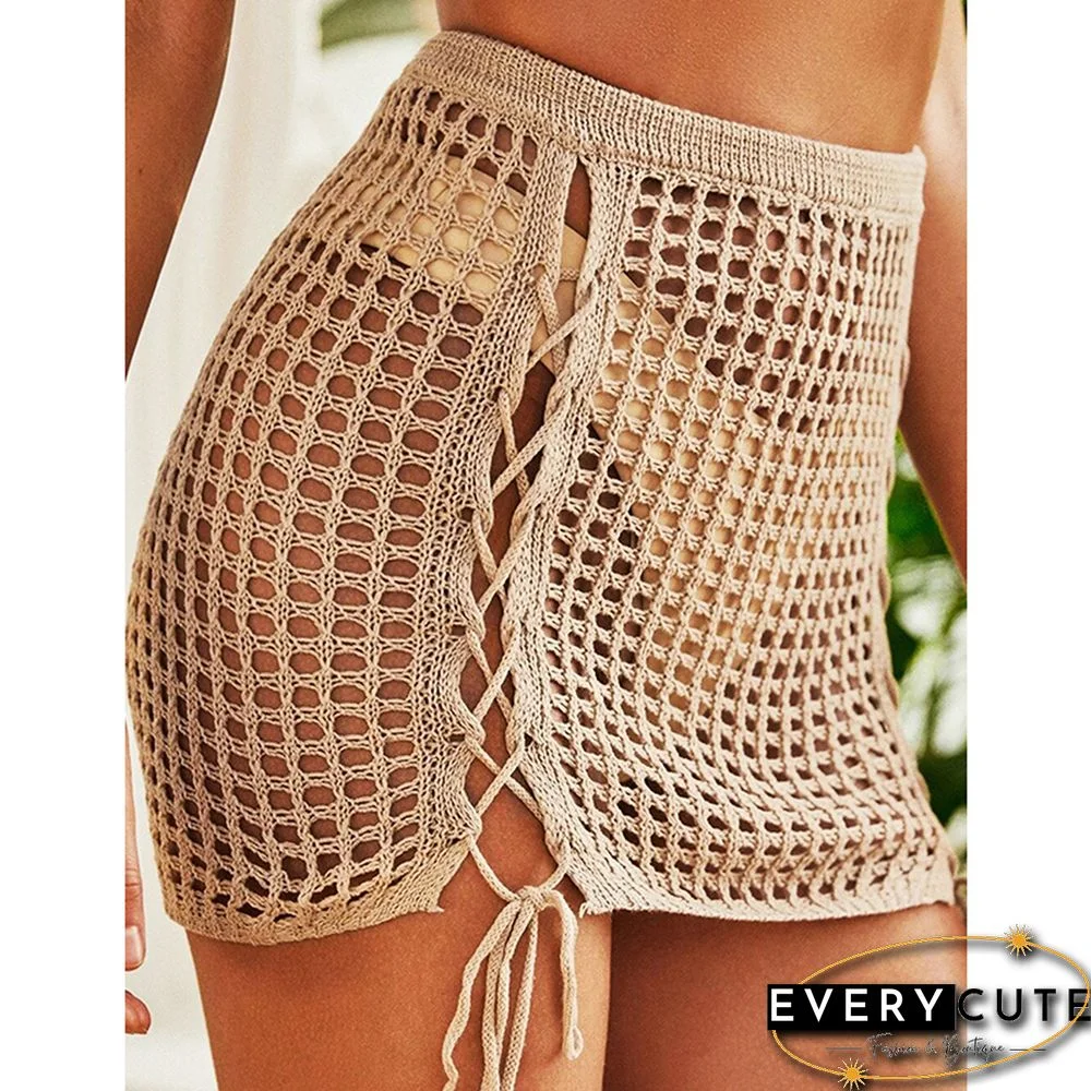 Khaki Hollow-out Side Drawstring Beachwear Mini Skirt
