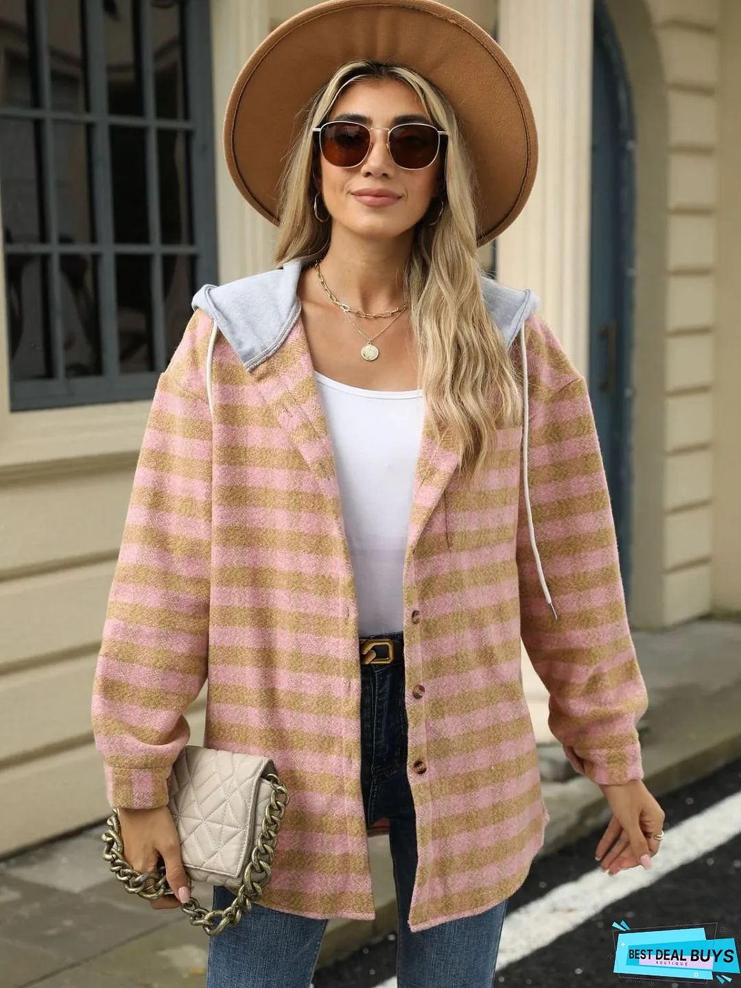 Drawstring Plaid Long Sleeve Hooded Jacket