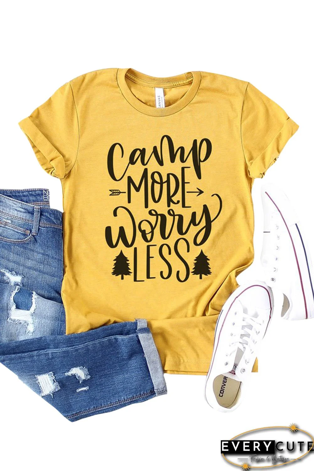 Yellow Camp More Work Less Graphic Print Short Sleeve T Shirt