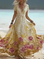 Bohemian Style Pink Rose V-neck Short-sleeved Dress