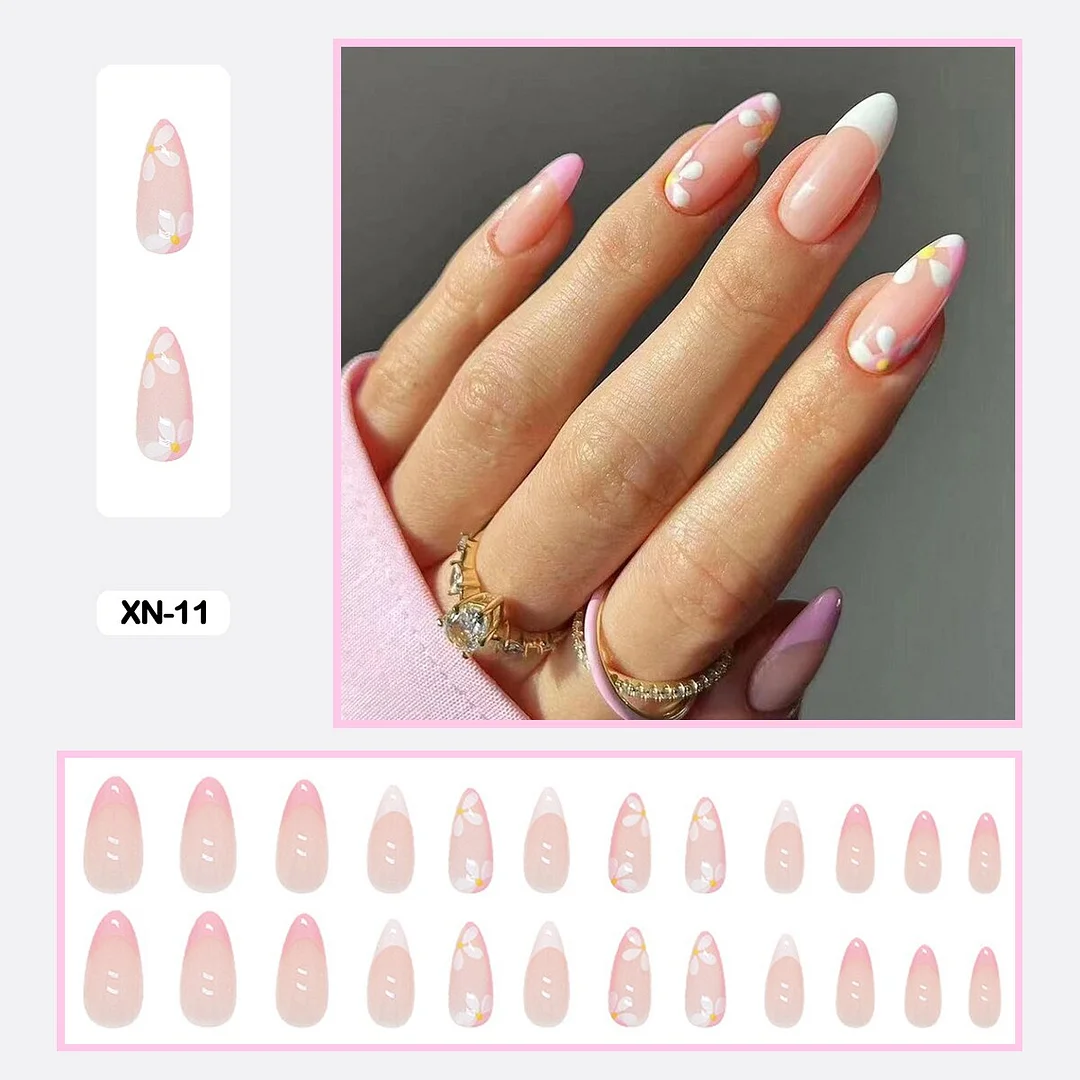 24pcs Fresh Lovely Pink Purple Blue Summer Flower Water Drop Shaped Fake Nails With Glue Wearable False Nails With Wearing Tools-Nail Inspo