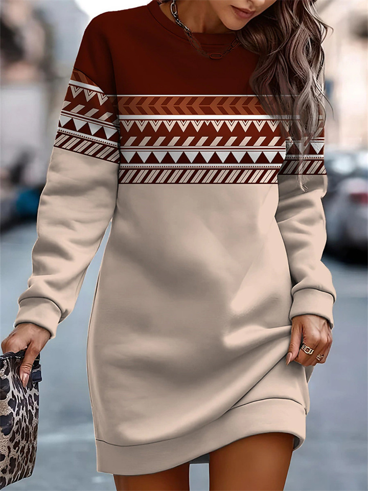 Autumn and Winter New Women's Hot Printing Color Collision Round Neck Sweater Dresses