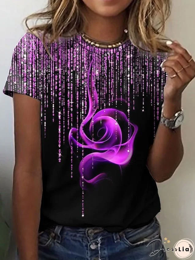 Women's T shirt Tee Red Blue Purple Graphic Rose Print Short Sleeve Daily Weekend Basic Round Neck Regular Painting S