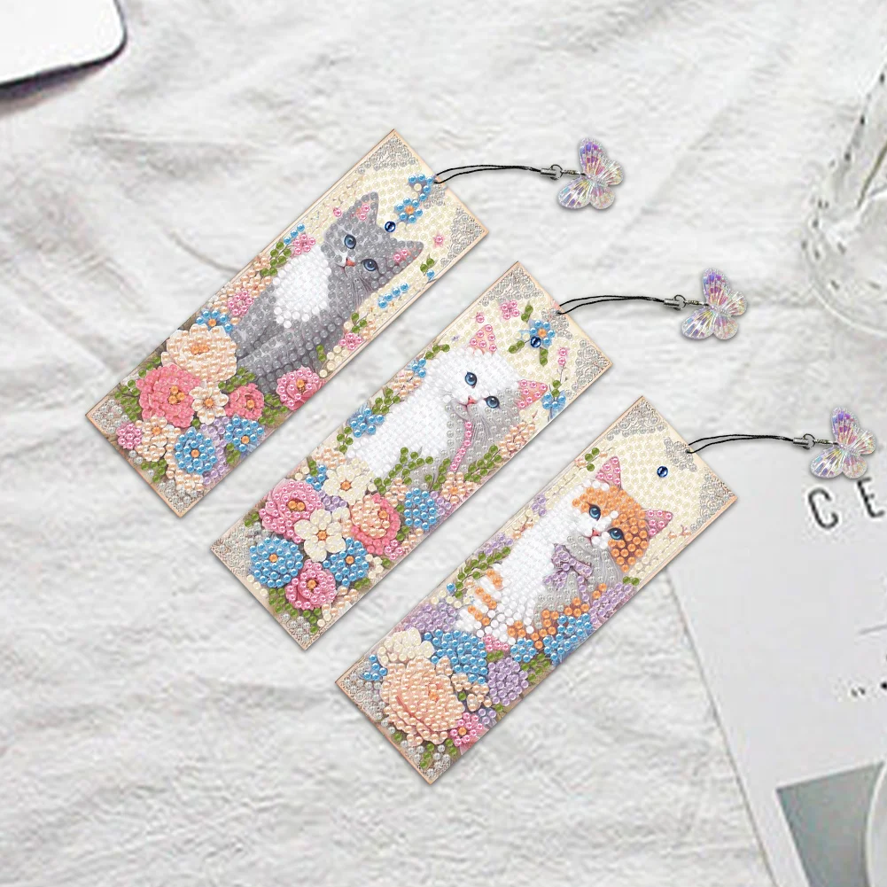 3Pcs DIY Cat Flower Special Shape DIY Diamond Painting Bookmarks Kits