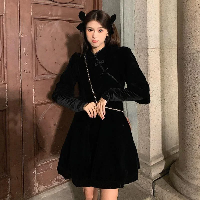 Long Sleeve Dress Plus Size 5XL Solid Mandarin Collar Cheongsam Mini Korean Sweet Style High Street Vintage Design Chic Stylish