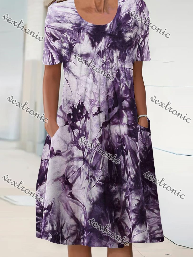 Women's Short Sleeve Scoop Neck Floral Printed Graphic Midi Dress