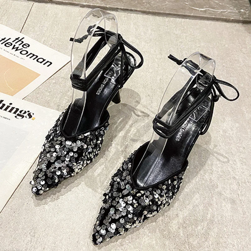 New Ins Women Sandals Sequined Bling Pointed Toe Sexy Thin Heels Ladies Mules Pumps Ankle Strap Glitter Dress Party Shoes 2022