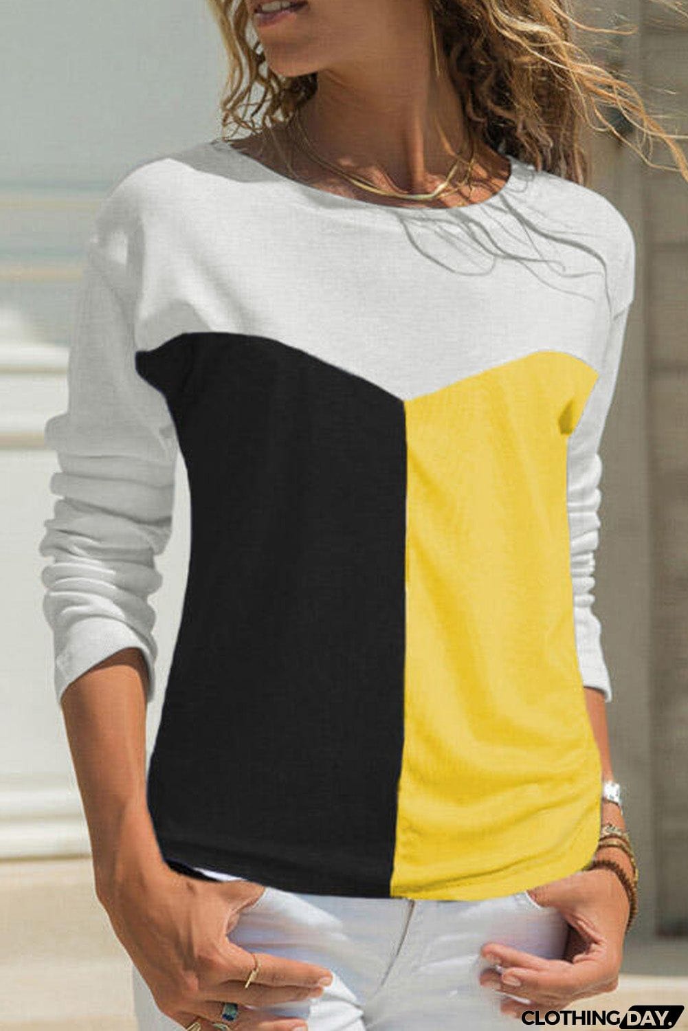 Color Block Splicing O-Neck Blouse