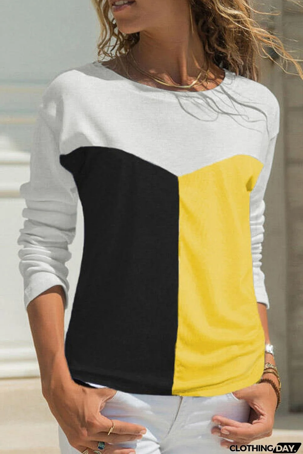 Color Block Splicing O-Neck Blouse