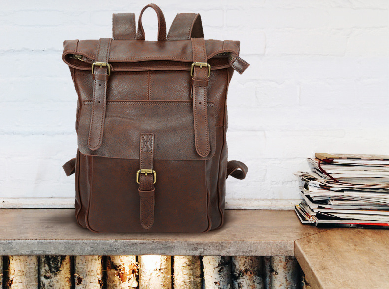 Satchel And Fable Men Women College Vintage Book Bag Fashion Anti-Theft Travel Leather Rucksack Roll Backpacks with fit 15.6 Inch Laptop Dark Brown