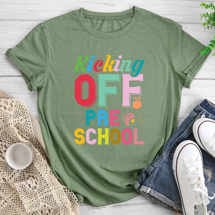 Kicking off pre school Round Neck T-shirt