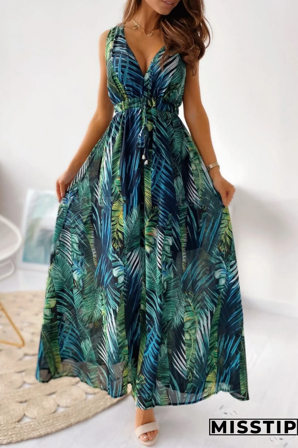 Green Casual Print Frenulum Backless V Neck Long Dress Dresses