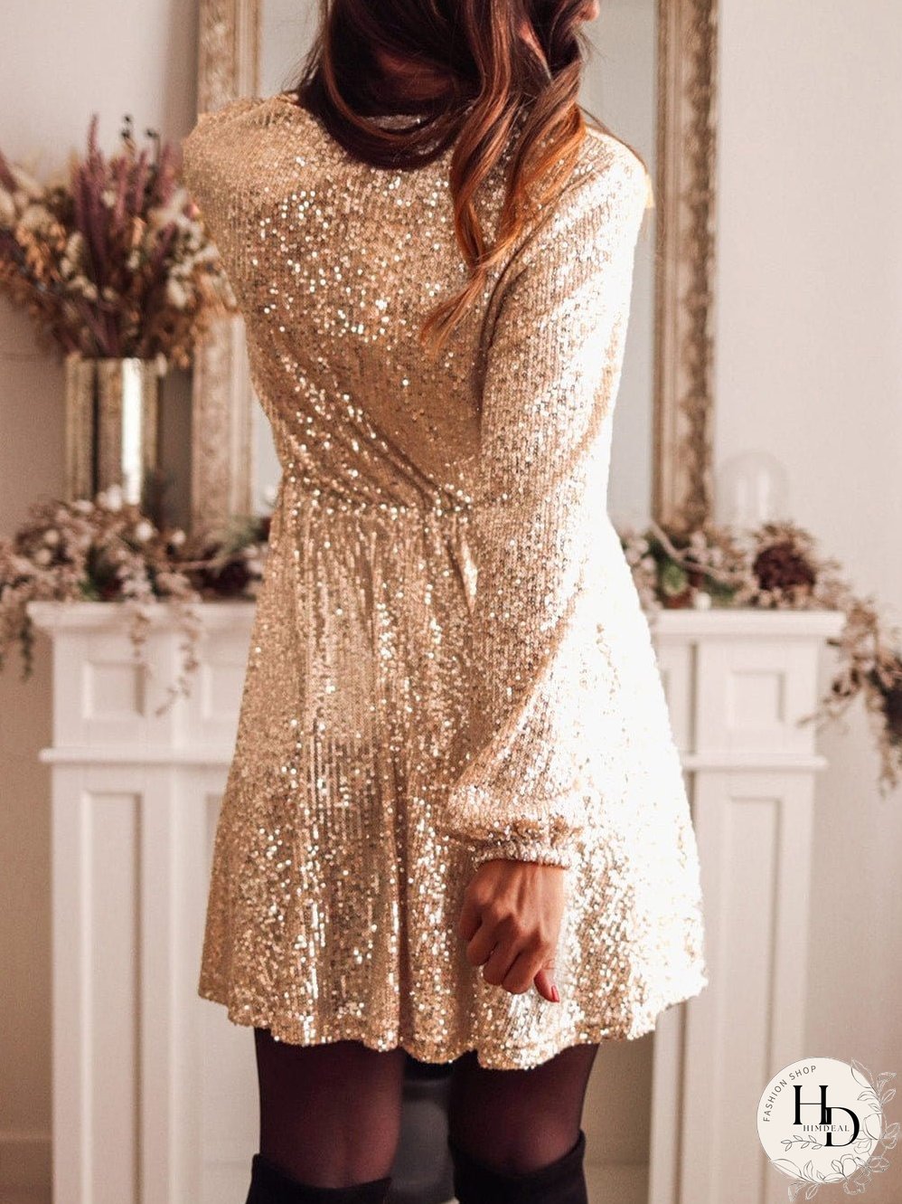 Shimmering Apricot V-neck Sequin Mini Dress