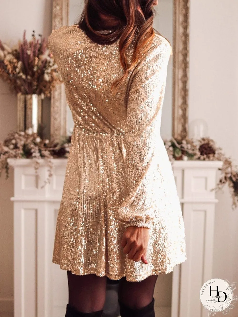 Shimmering Apricot V-neck Sequin Mini Dress