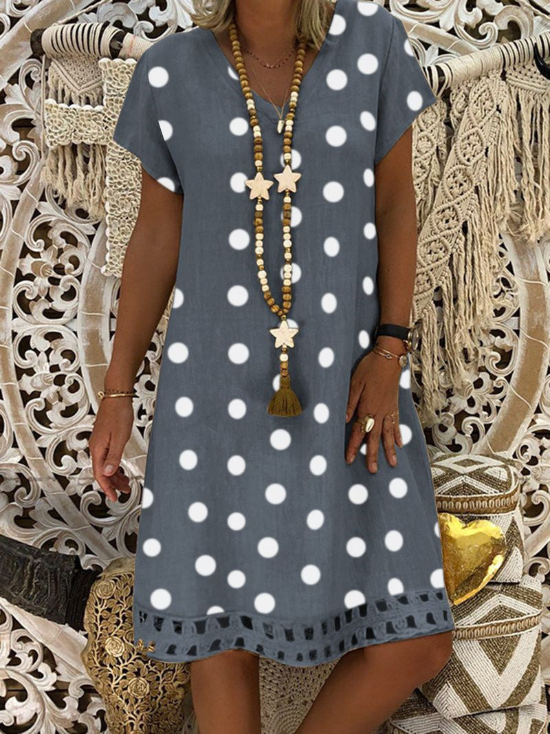 Women Short Sleeve V-neck Polka Dot Graphic Dress