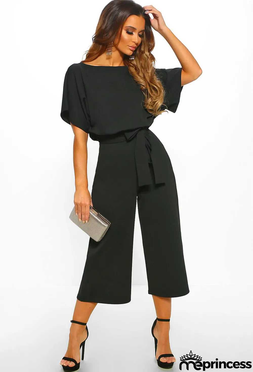 Women Summer Fashion with Belt Short Sleeve Jumpsuit