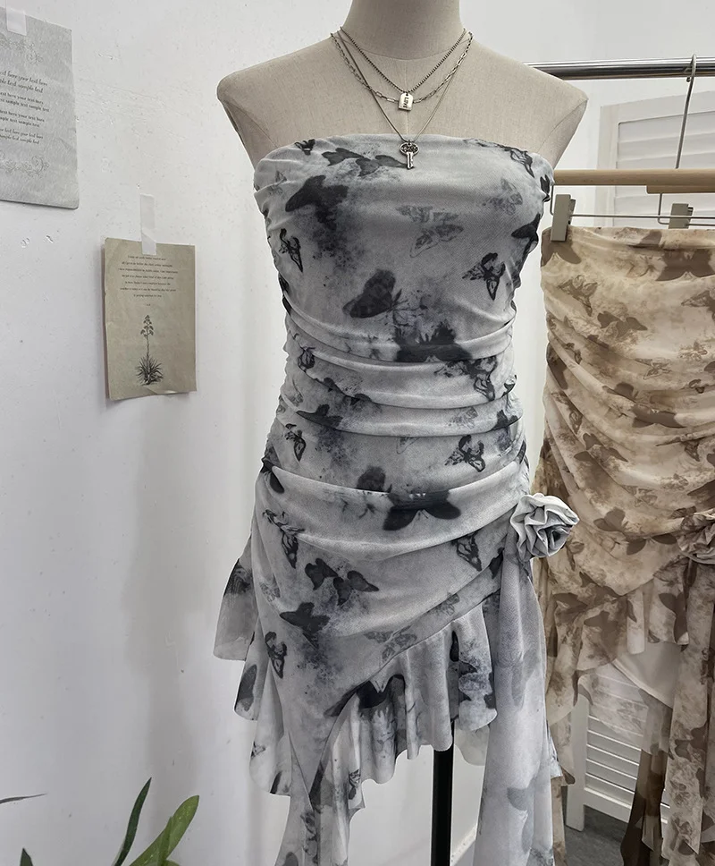 Uveng Solid Shot Tie Net Yarn Printing Irregular Ribbon Three-Dimensional Flowers Small Man With Chest Short Skirt Dress Dress 6652