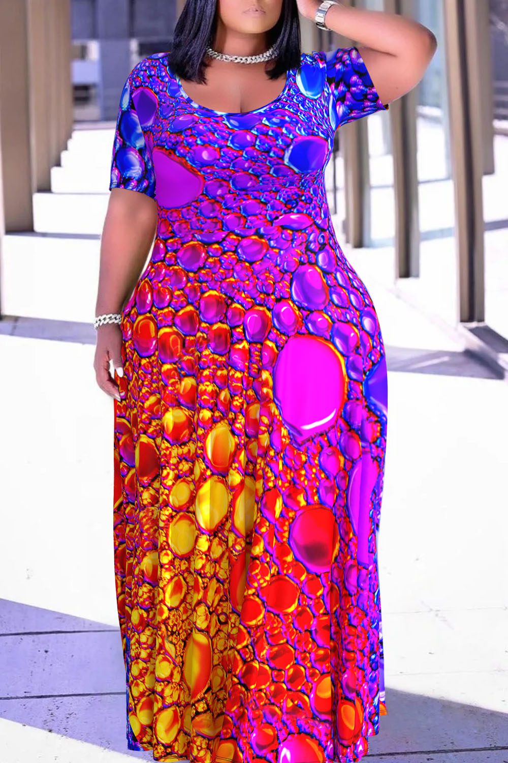 Design Plus Size Daily Magenta All Over Print Round Neck Short Sleeve Maxi Dresses [Pre-Order]