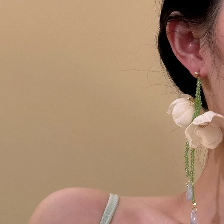 Long Beaded Dangle Earrings with Floral and Fringe Details