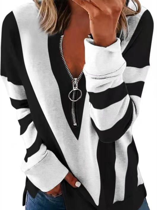 Women Long Sleeve Scoop Neck Striped Printed Colorblock Top