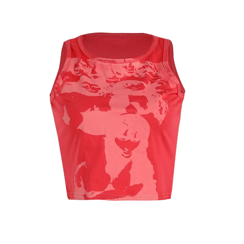 Xingqing Gothic Portrait Print T-shirt Aesthetic Short Sleevle Sweats Tees Harajuku Streetwear White Crop Top Women Clothes