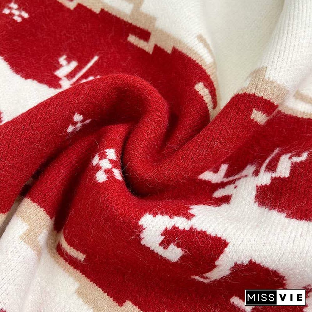 Christmas Reindeer Pattern Colorblock Round Collar Sweater