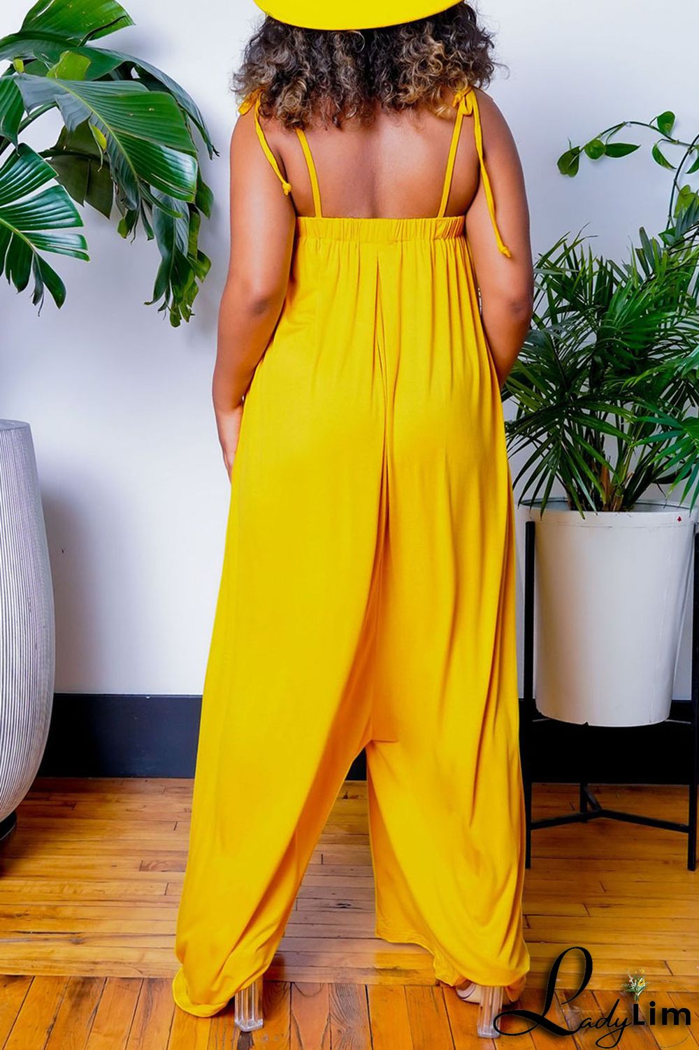 Yellow Casual Solid Bandage Patchwork Spaghetti Strap Loose Jumpsuits