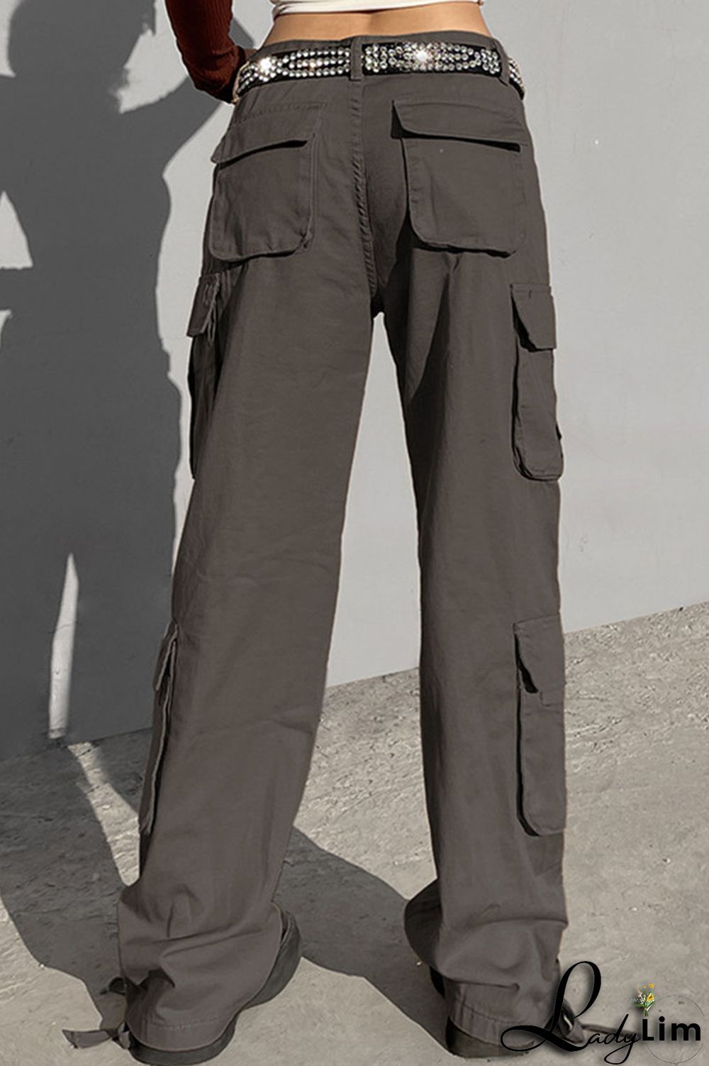 Green Street Solid Patchwork Pocket High Waist Straight Solid Color Bottoms