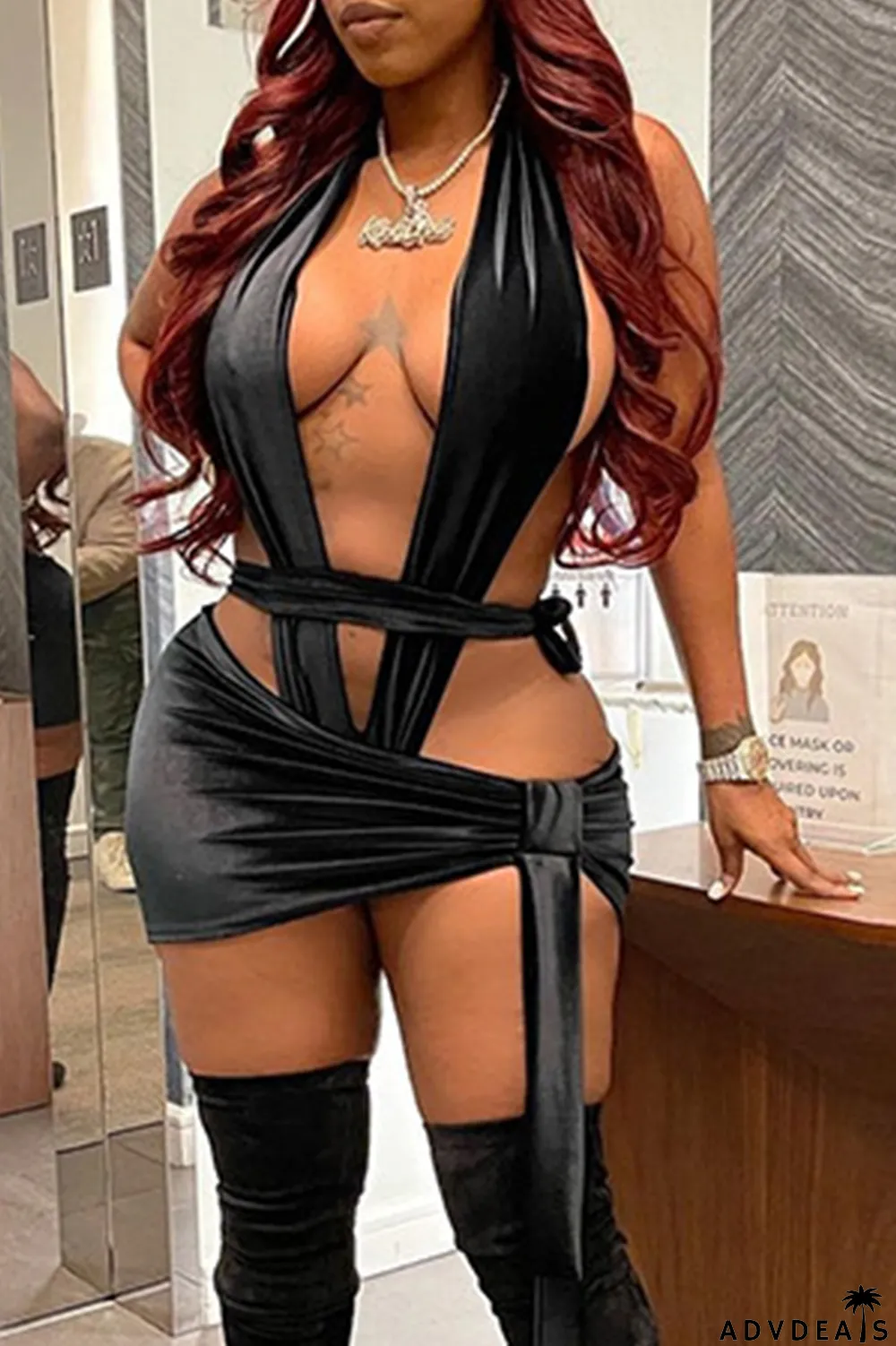 Black Sexy Solid Bandage Halter Sleeveless Two Pieces