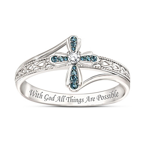 Engraved "Heavenly Grace" Artificial Diamond Cross Ring