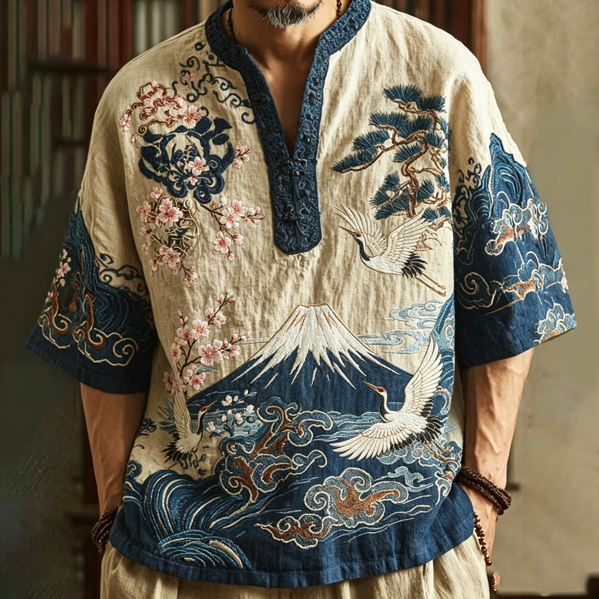Comstylish Men's Retro Japanese Crane Floral Wave Design Short-sleeve Top