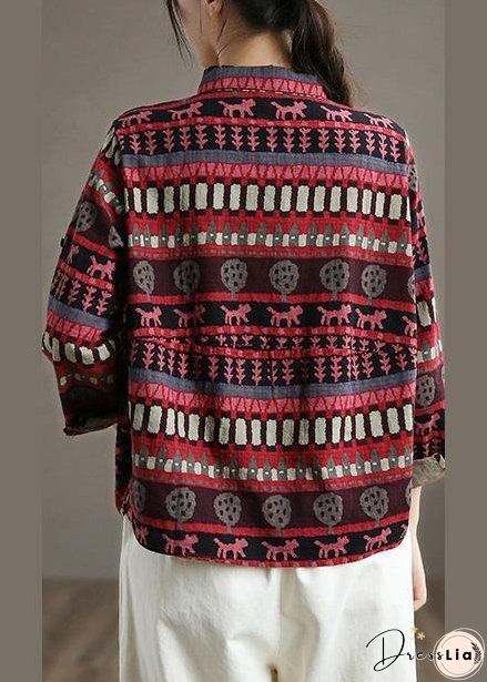 Women Red Ethnic Style Top Silhouette Lapel Loose Spring Shirt