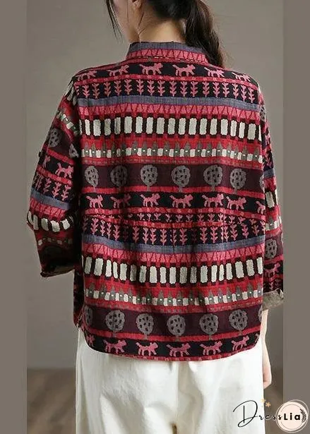 Women Red Ethnic Style Top Silhouette Lapel Loose Spring Shirt